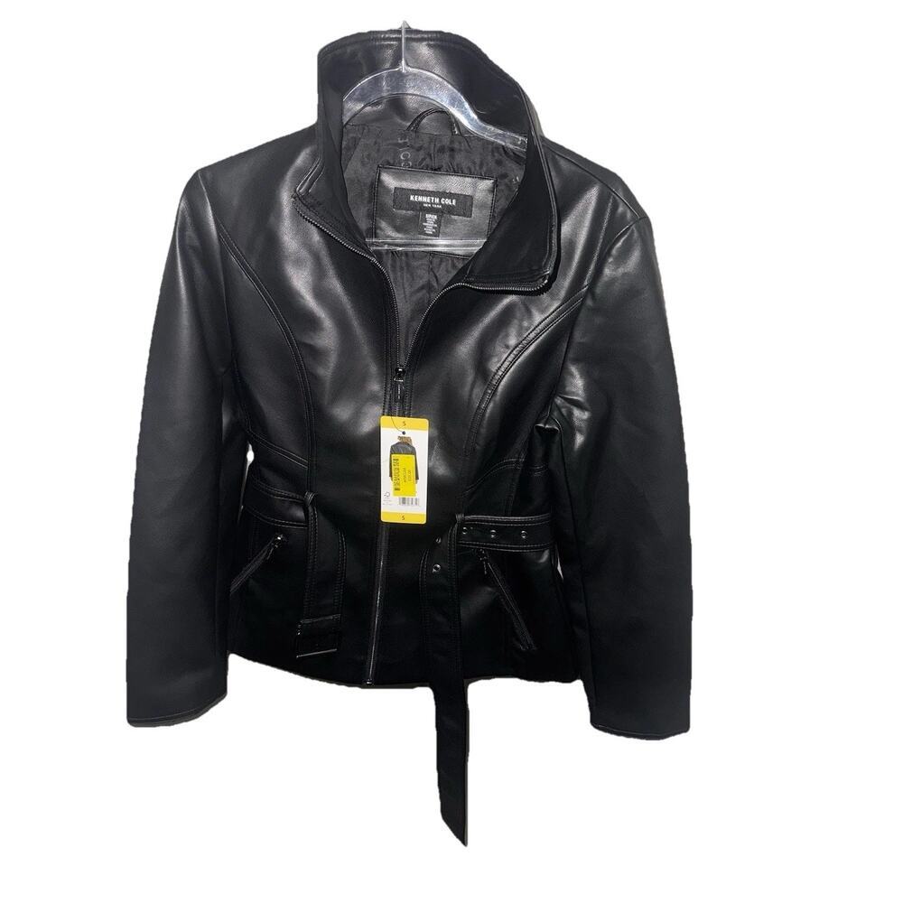Kenneth Cole New York Women's Black Faux Leather Jacket Size S NWT Belted